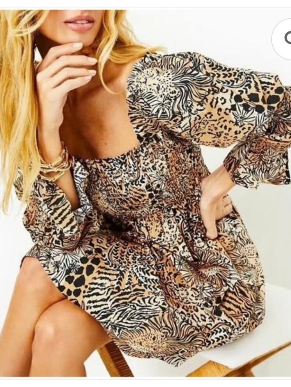 Lilly Pulitzer Off-Shoulder Mini Dress in Mustard and Black Print